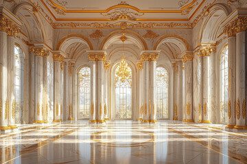 Fototapeta premium Golden Elegance: Luxurious Palace Interior 2D Illustration with Classic Ballroom, Arch Windows, and Marble Columns. Perfect for Wedding Banquets and Elegant Events.
