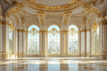 Opulent Palace Interior: Elegant 2D Illustration of Castle Hall with Classic Ballroom, Arch Windows, Marble Columns, and Golden Chandeliers