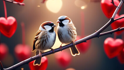 illustration sparrows branch romantic valentine theme cute animal couple