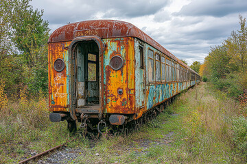 Obraz premium Abandoned and Decaying Train Carriage: A Rusty Relic of the Past