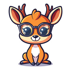 Fototapeta premium A cartoon deer wearing glasses is sitting on the ground. The deer has a smile on its face and he is happy