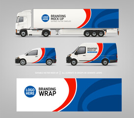 Realistic Van, Truck trailer mockup set with branding design set 18. Abstract graphics of blue and red decal  for brandig transport. Branding vehicle. Horizontal AD banner. Editable vector template