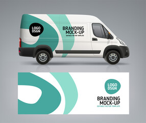 Delivery Van mockup with abstract branding design. Side view Cargo Van for advertising text, logo or your brand identity design. Branding Van. Horizontal AD banner. Editable vector template © VRTX