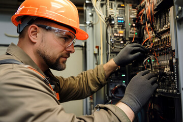 Technician in orange hard hat repairs electrical control panel with tools and equipment in workspace