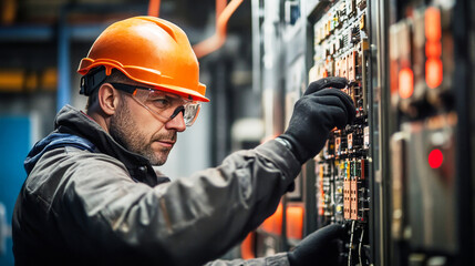 Electrician working on electrical panels in a control room with safety gear and orange color tones