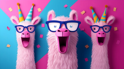 Colorful Party Llamas Wearing Glasses Celebrating Festive Surprise Cheer