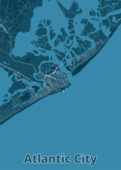 A detailed map of Atlantic City, New Jersey, rendered in a minimalist style. The city's layout is depicted with white lines representing streets and roads.
