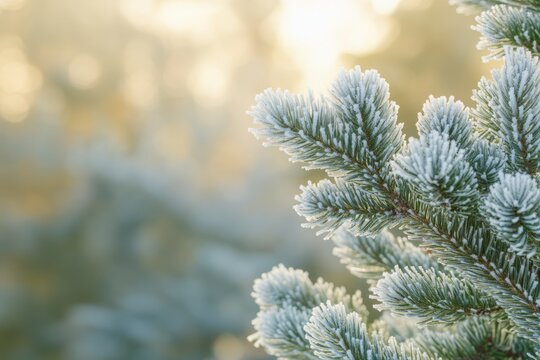 Close-up of green pine needles covered with frost, a concept of the transition of fall into winter