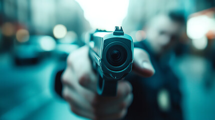  a police officer pointing a gun aggressively toward the camera