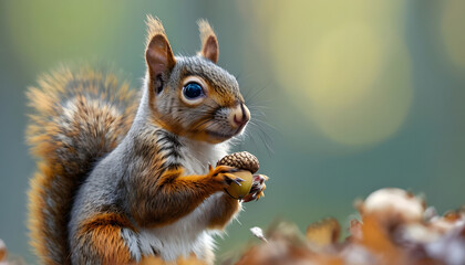 Obraz premium Curious Squirrel – A Curious Squirrel Standing on Its Hind Legs, Its Tiny Paws Clutching an Acorn
