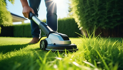 man trimming grass electric cutter sunny day outdoor yard work backyard