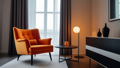 minimalistic room orange armchair lamp simple clean interior design modern furniture calm atmosphere