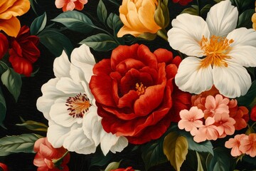 Stock wallpaper pattern with colorful florals and green leaves.