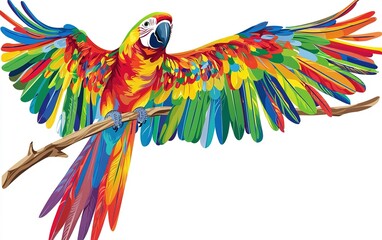 Fototapeta premium A vibrant parrot in flight displays a stunning array of colors while perched on a branch, showcasing nature's artistic beauty