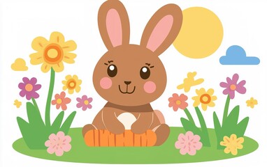 Fototapeta premium A cheerful brown bunny enjoys a sunny day amidst colorful flowers and a bright sun in a whimsical garden setting