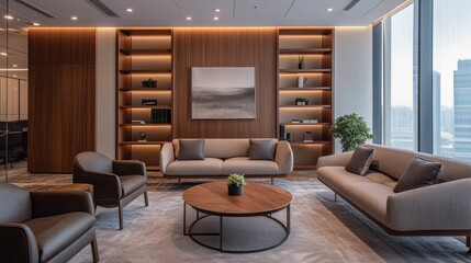 Fototapeta premium Stylish corporate office with a contemporary lounge area, wooden accents, comfortable seating, open shelving, minimal decor, clean lines