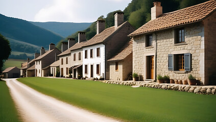 row rustic village houses isolated white traditional countryside architecture stone exteriors