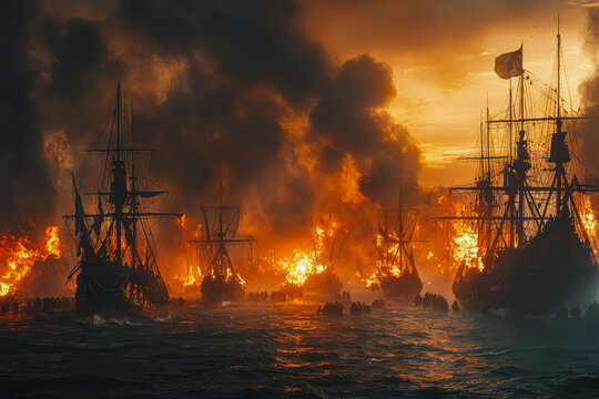 Spanish Armada's Demise: Capturing the Destruction of Ships by English Artillery in 1700s