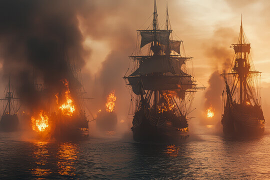 Devastating Battle: Spanish Fleet Engulfed in Flames by English Artillery, Captured in Documentary Photography from the 1700s