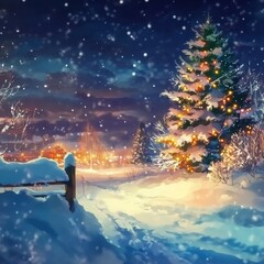 Snowy winter landscape with Christmas tree and festive lights.