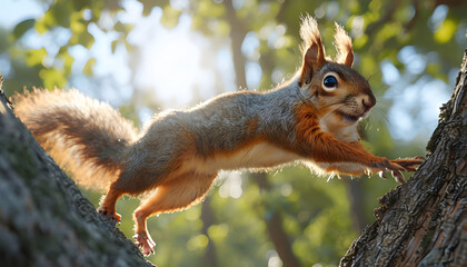 Happy Squirrel – A Playful Squirrel Leaping Between Tree Branches with Its Bushy Tail Trailing Behind
