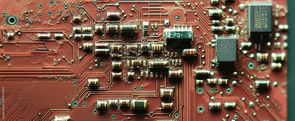Poster close-up of a red circuit board with components and dust