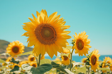 Sun-kissed sunflowers blooming against a vivid blue sky: a vibrant floral masterpiece