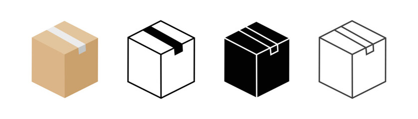 Box icon. Solid, solid with outline, flat style, simple outline. Cardboard box mockup set.  