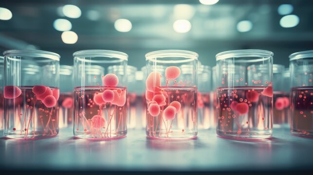 Fungus Candida in flasks close-up, microorganism.Concept of disease, yeast, virus, treatment, medicine, infection, immunity, microflora, laboratory
