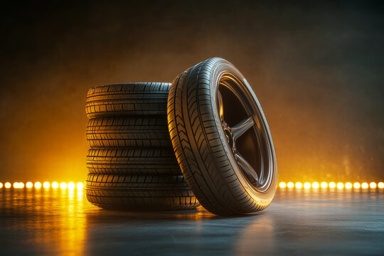 Sleek tire product display with multiple tires stacked and softly illuminated in a dark setting