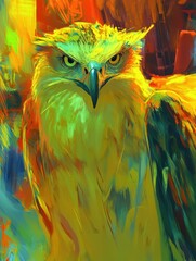 Obraz premium Vibrant digital painting of a fierce eagle with intense yellow and green feathers in an abstract background of warm, bold colors.