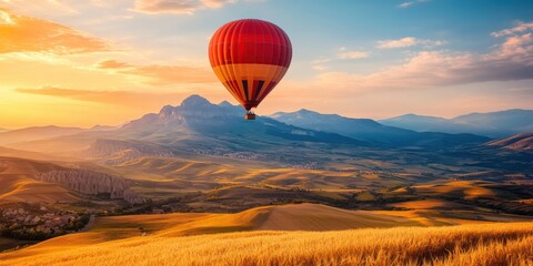 a hot air balloon flying over a field