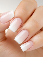 A hand with beautifully manicured long square-shaped nails displays a striking white and pink ombre design, ideal for fashion-forward enthusiasts