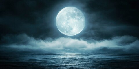 Full moon shining in the dark sky over the stormy ocean, a foggy night background. Moonlight and clouds creating a mysterious atmosphere