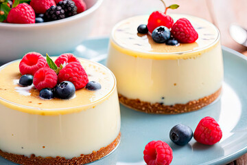 Milk puddings with fresh blueberries and raspberries. Delicious and delicate dessert for healthy eating