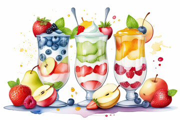 Watercolor painted glass goblets with creamy parfait with berries and fruits. Beautiful and delicious holiday dessert