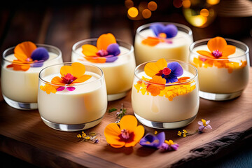 Light and delicate milk pudding with edible flowers in glasses. Beautiful and delicious festive dessert 