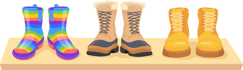 Wooden shelf with autumn boots. Cartoon footwear collection