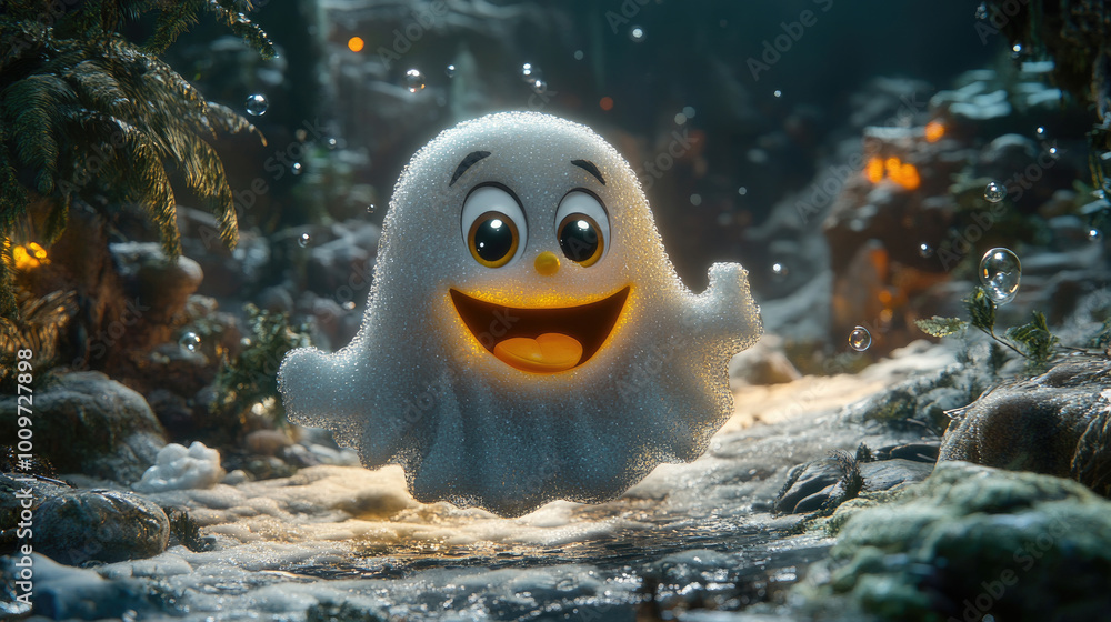 Poster a friendly ghost joyfully glides over a sparkling stream in an enchanting forest, illuminated by sof