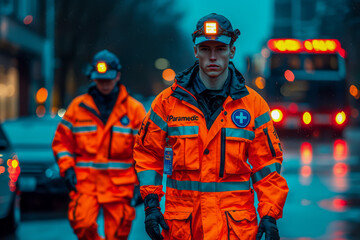 Fototapeta premium Emergency Response Heroes: EMT Team in High Visibility Orange Uniforms on the Move