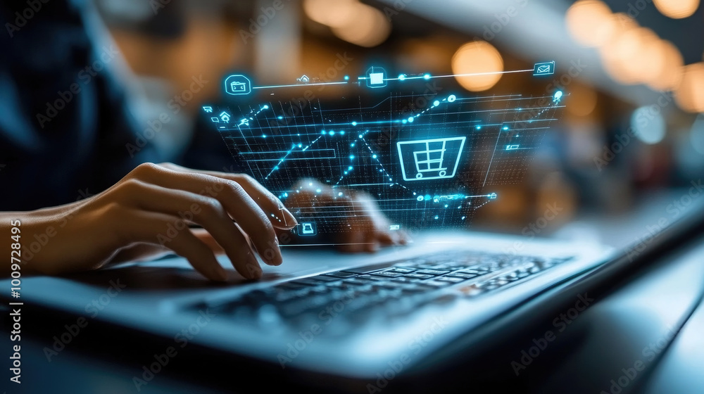 Poster a person engages in online shopping using a laptop as digital icons representing various products ap