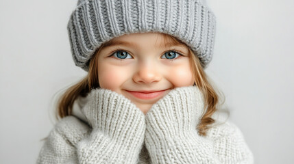 Portrait of funny cheerful little girl hidden the eyes in winter warm gray hat