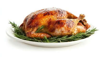 A golden-brown roasted chicken with crispy skin, resting on a bed of fresh rosemary sprigs on a white plate.