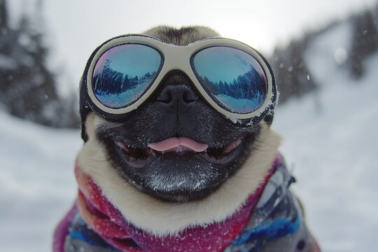 Pug snowboarding, pug in cool snowboarding glasses