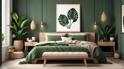 Creative composition of bedroom interior with mock-up poster frame, green bedding, wooden side table, stylish bench, beige rug, plants, basket, lamp, and personal accessories. Home decor. Template.