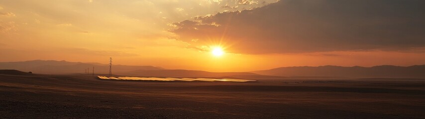 Naklejka premium A hazy sunset over a vast field with distant mountains in the background.
