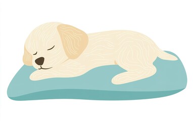 A sleepy golden puppy curled up on a soft blue cushion, radiating warmth and comfort in a cozy corner