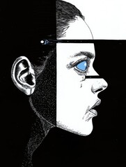 Stylized profile of a woman with a tear, monochrome and blue accents.