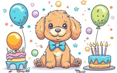 Obraz premium A cheerful cartoon puppy celebrates its birthday surrounded by colorful balloons and delicious cakes in a festive atmosphere