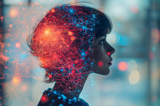 AI Integration: A Student's Silhouette Blended with Technological Network in Elegant Double Exposure